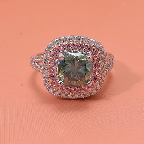 Vibrant Green Moissanite and Pink Sapphire Ring in Rhodium Overlay Sterling Silver - 3.25ct