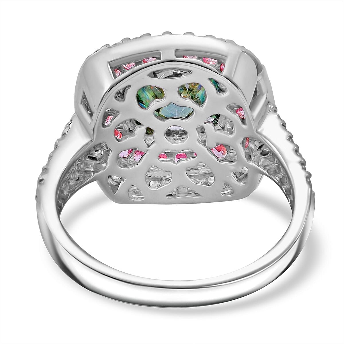 Vibrant Green Moissanite and Pink Sapphire Ring in Rhodium Overlay Sterling Silver - 3.25ct