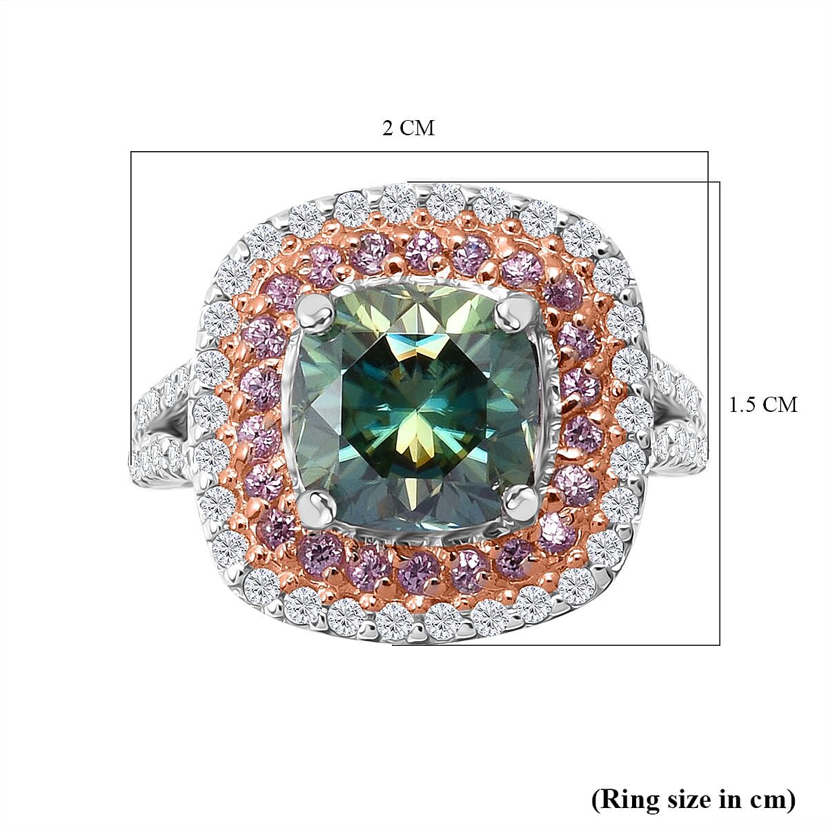 Vibrant Green Moissanite and Pink Sapphire Ring in Rhodium Overlay Sterling Silver - 3.25ct