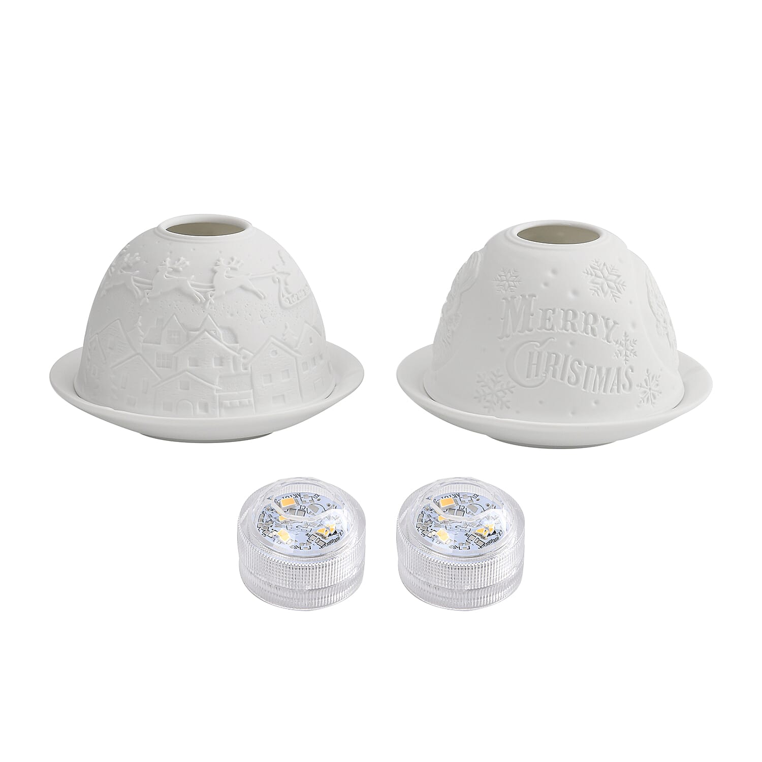 Set of 2 Santa Claus - Village with Flying Sleigh Pattern Porcelain Candle Holder With LED Light - White