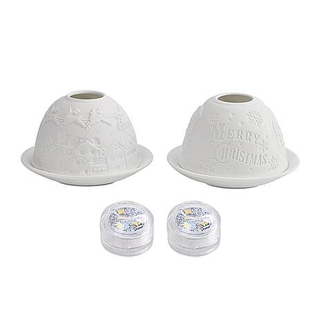 Set of 2 Porcelain Candle Holder With LED Light - White