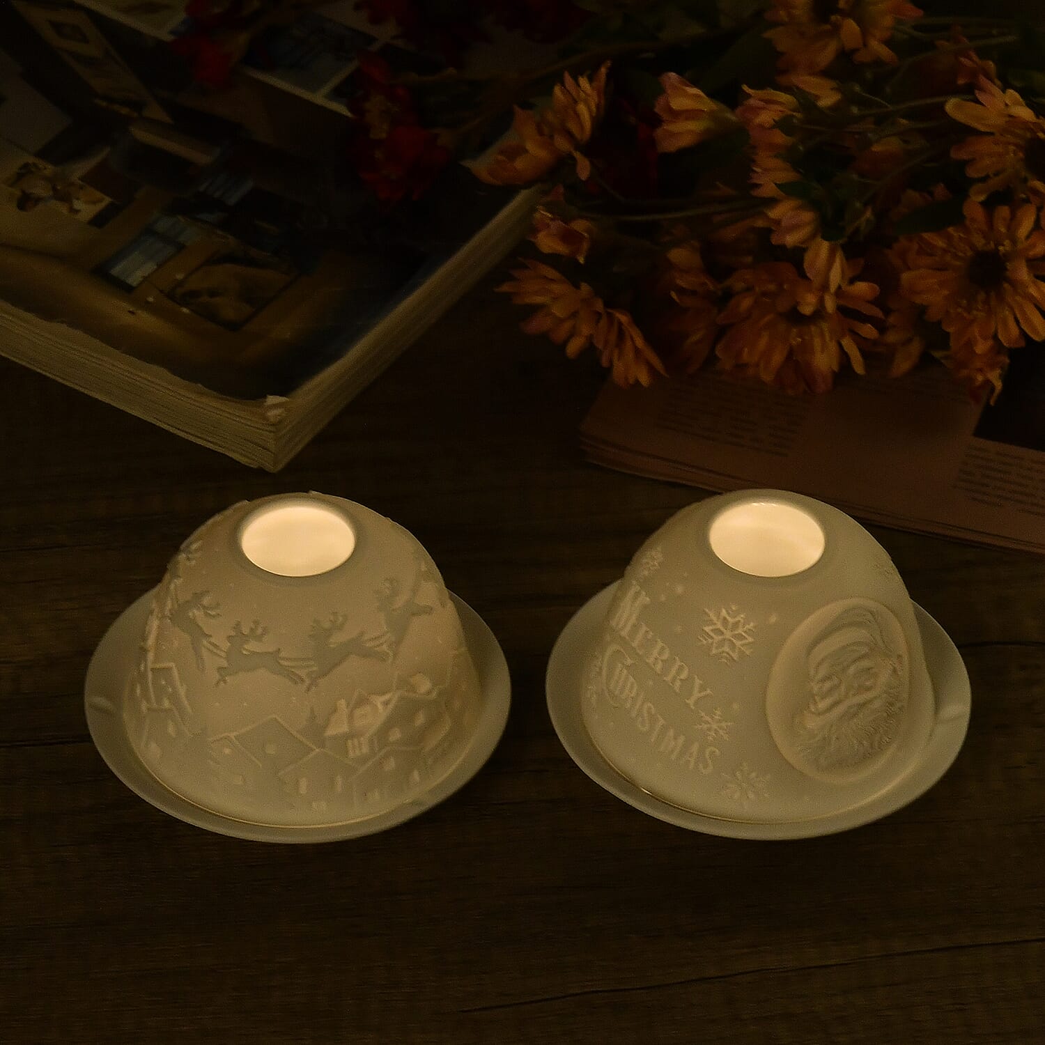 Set of 2 Santa Claus - Village with Flying Sleigh Pattern Porcelain Candle Holder With LED Light - White