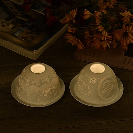 Set of 2 Porcelain Candle Holder With LED Light - White