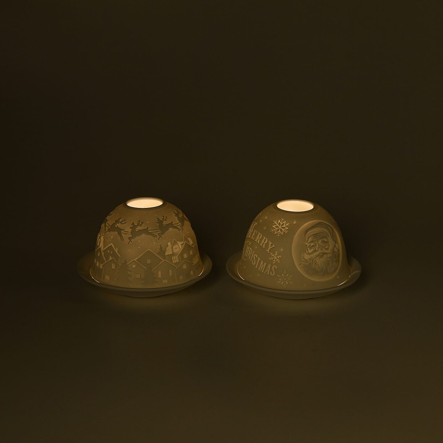 Set of 2 Santa Claus - Village with Flying Sleigh Pattern Porcelain Candle Holder With LED Light - White