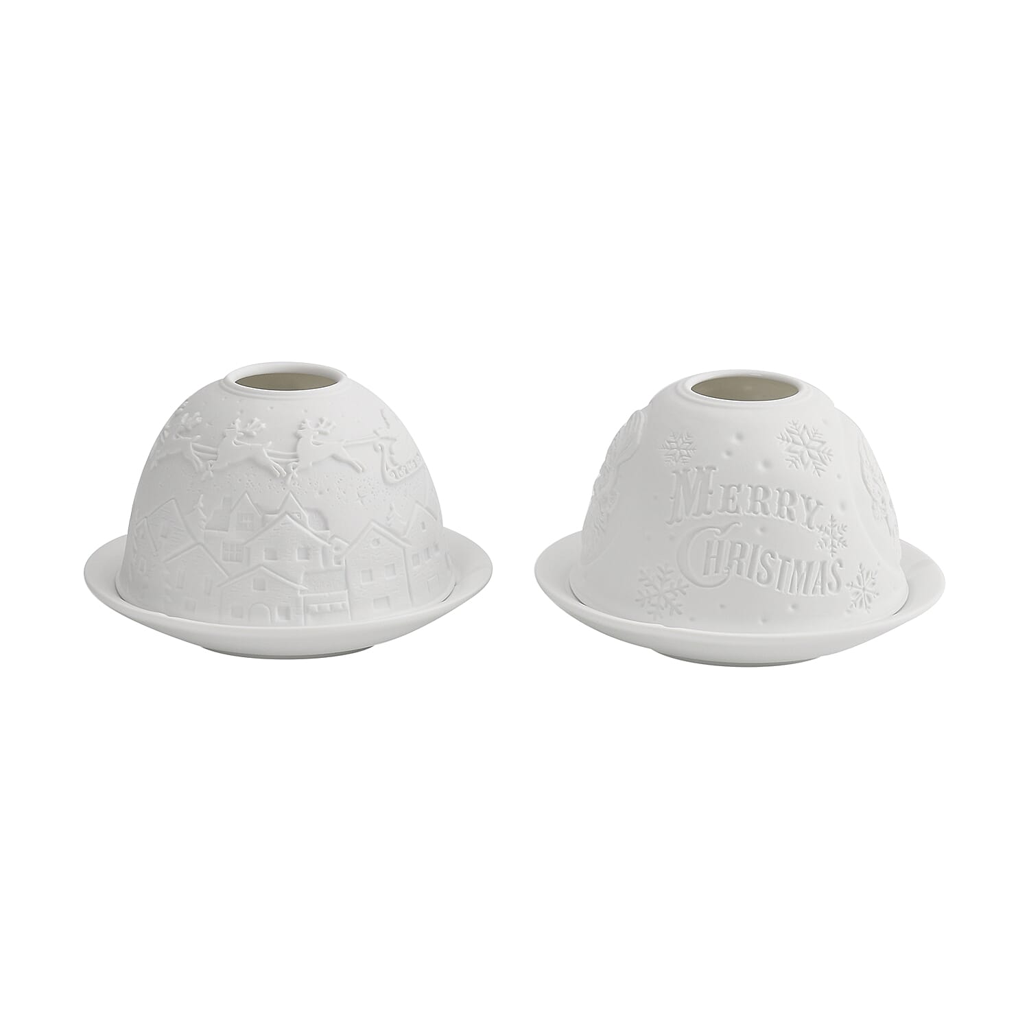 Set of 2 Santa Claus - Village with Flying Sleigh Pattern Porcelain Candle Holder With LED Light - White
