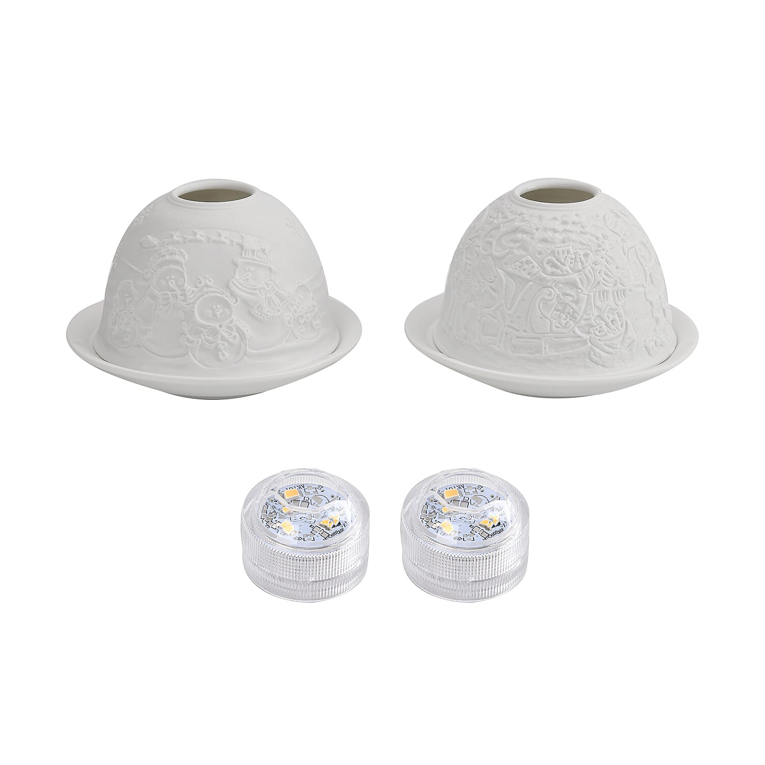 Set of 2 Snowmen Pattern Porcelain Candle Holder With LED Light - White