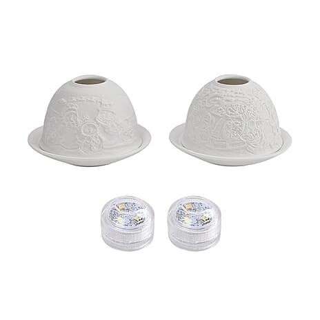 Set of 2 Snowmen Pattern Porcelain Candle Holder With LED Light - White