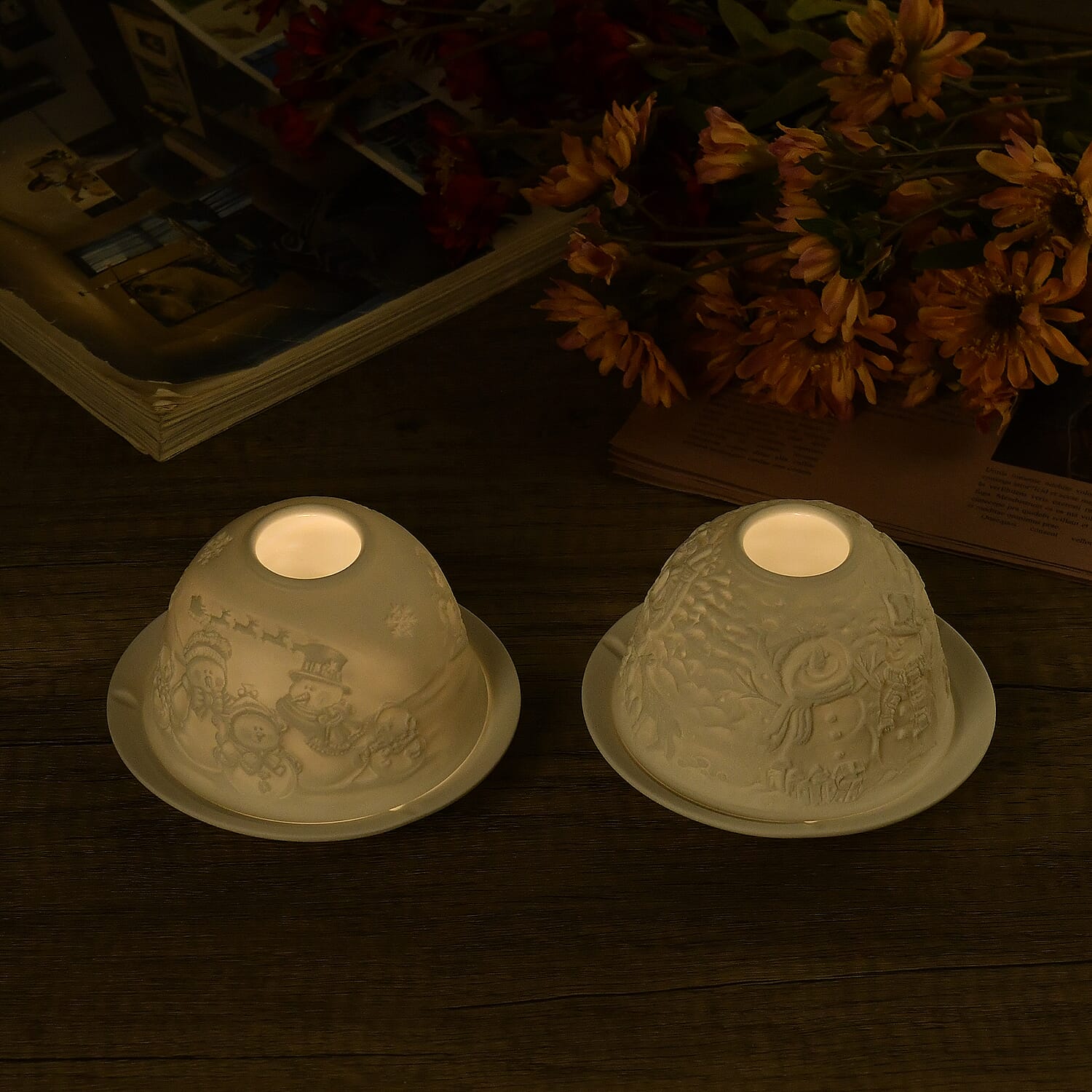 Set of 2 Snowmen Pattern Porcelain Candle Holder With LED Light - White