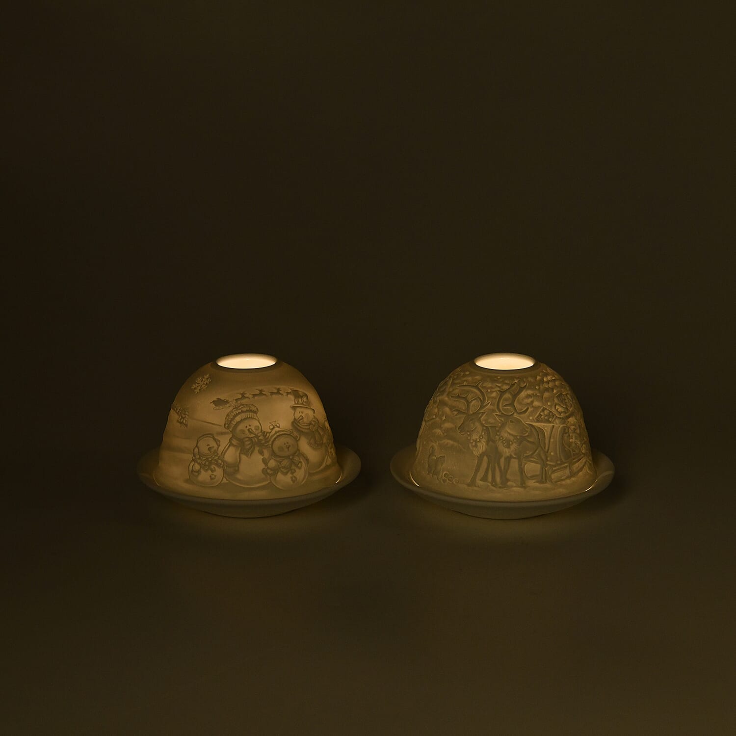 Set of 2 Snowmen Pattern Porcelain Candle Holder With LED Light - White