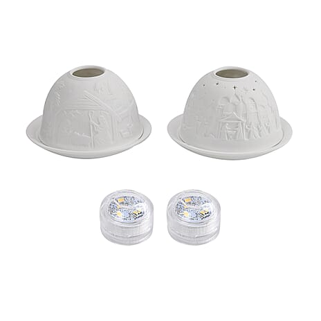 Set of 2 Porcelain Candle Holder With LED Light - White
