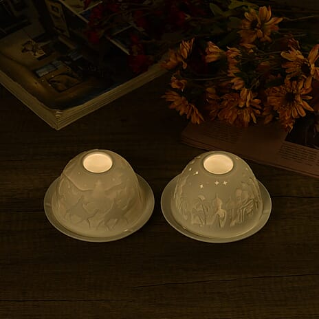 Set of 2 Porcelain Candle Holder With LED Light - White