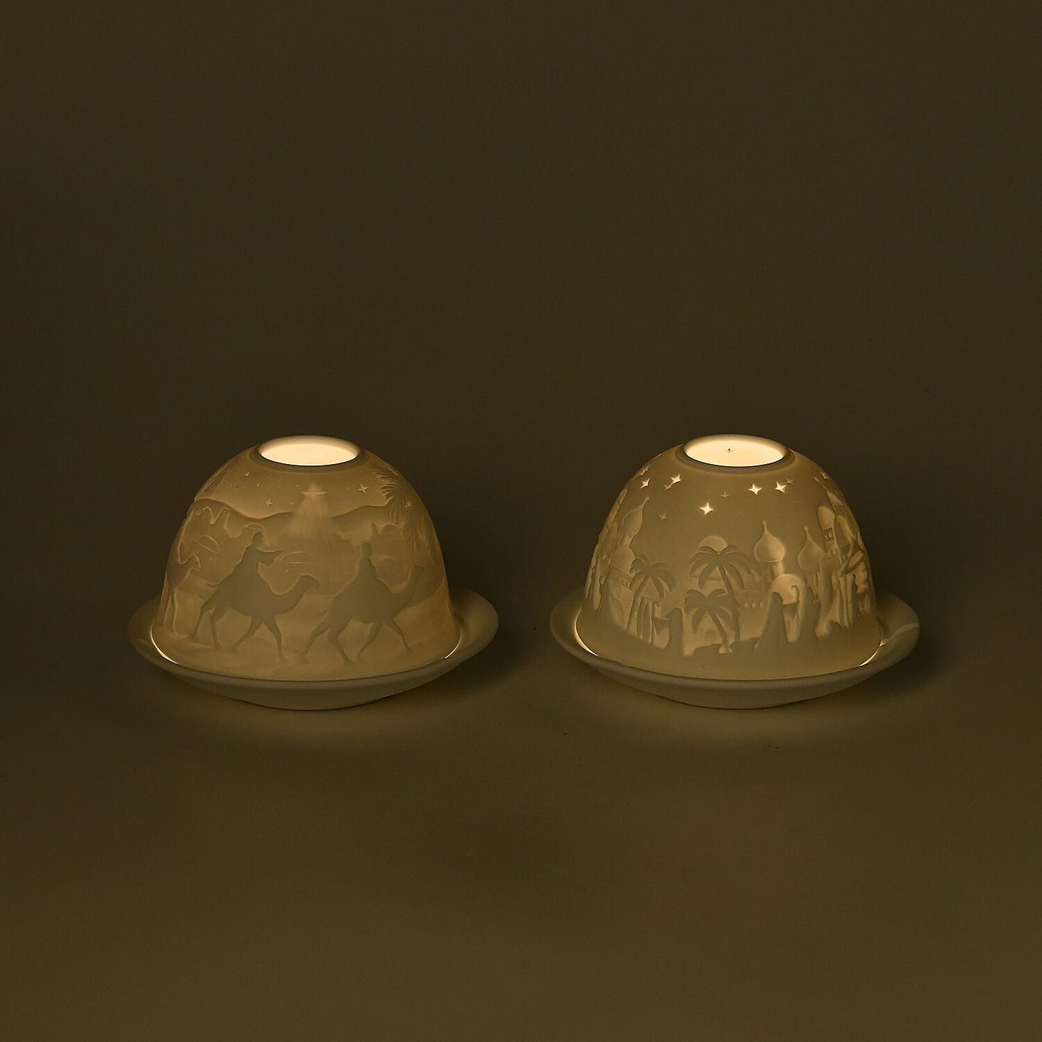 Set of 2 Bethlehem, Jesus and Lamb Pattern Porcelain Candle Holder With LED Light - White