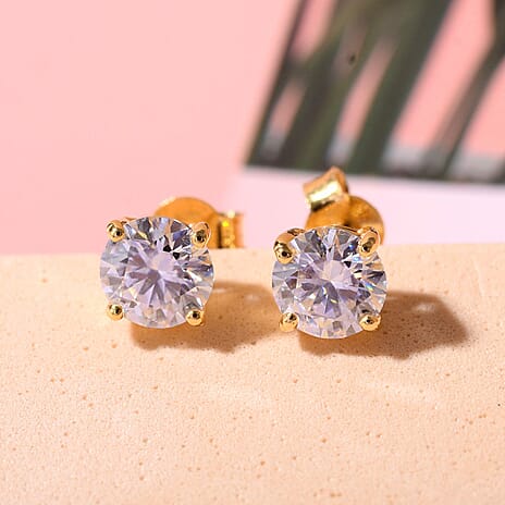 Moissanite Earring With Push Back in 18K Vermeil Yellow Gold Plated Sterling Silver 1.51 Ct