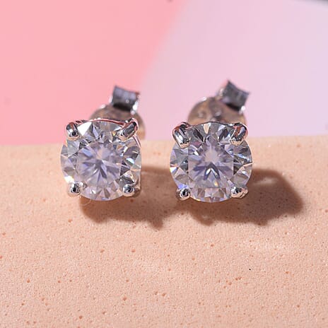 Moissanite Earring With Push Back in Rhodium Overlay Sterling Silver 1.51 Ct.