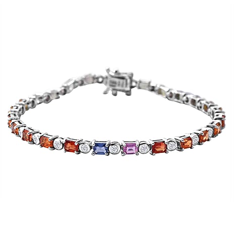 RED CARPET Collection - Multi Sapphires with White Zircon Bracelet (Size - 7.5) in Platinum Overlay Sterling Silver 7.30 Ct