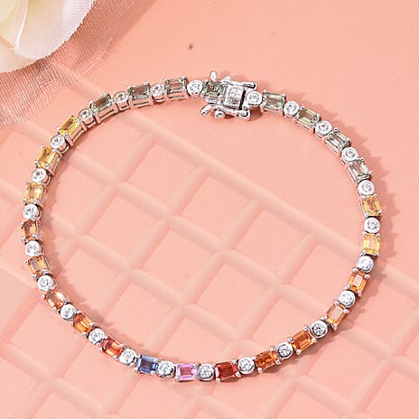 RED CARPET Collection - Multi Sapphires with White Zircon Bracelet (Size - 7.5) in Platinum Overlay Sterling Silver 7.30 Ct
