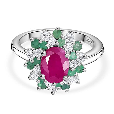 John Saul Ruby, Emerald and Moissanite Floral Ring in Rhodium Overlay Sterling Silver 2.48 ct