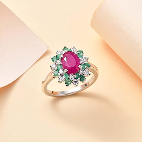 John Saul Ruby, Emerald and Moissanite Floral Ring in Rhodium Overlay Sterling Silver 2.48 ct