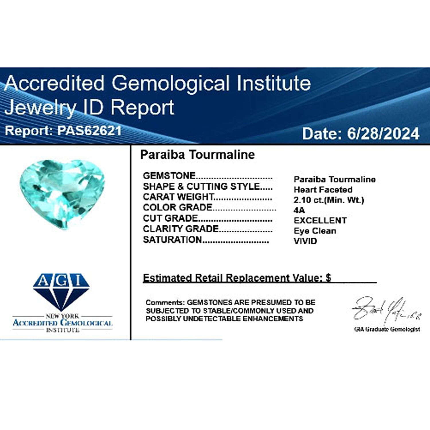 Certified and Appraised AAAA Paraiba Tourmaline Loose Gemstone (Hrt Shape ) 2.10 ct. Certified and Appraised AAAA Paraiba Tourmaline Loose Gemstone (Hrt Shape ) 2.10 ct.