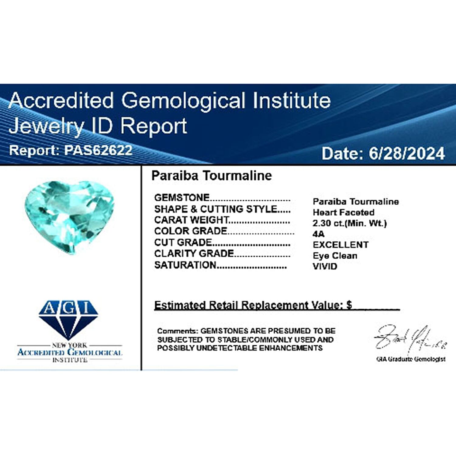 Certified and Appraised AAAA Paraiba Tourmaline Loose Gemstone (Hrt Shape) 2.30 ct.