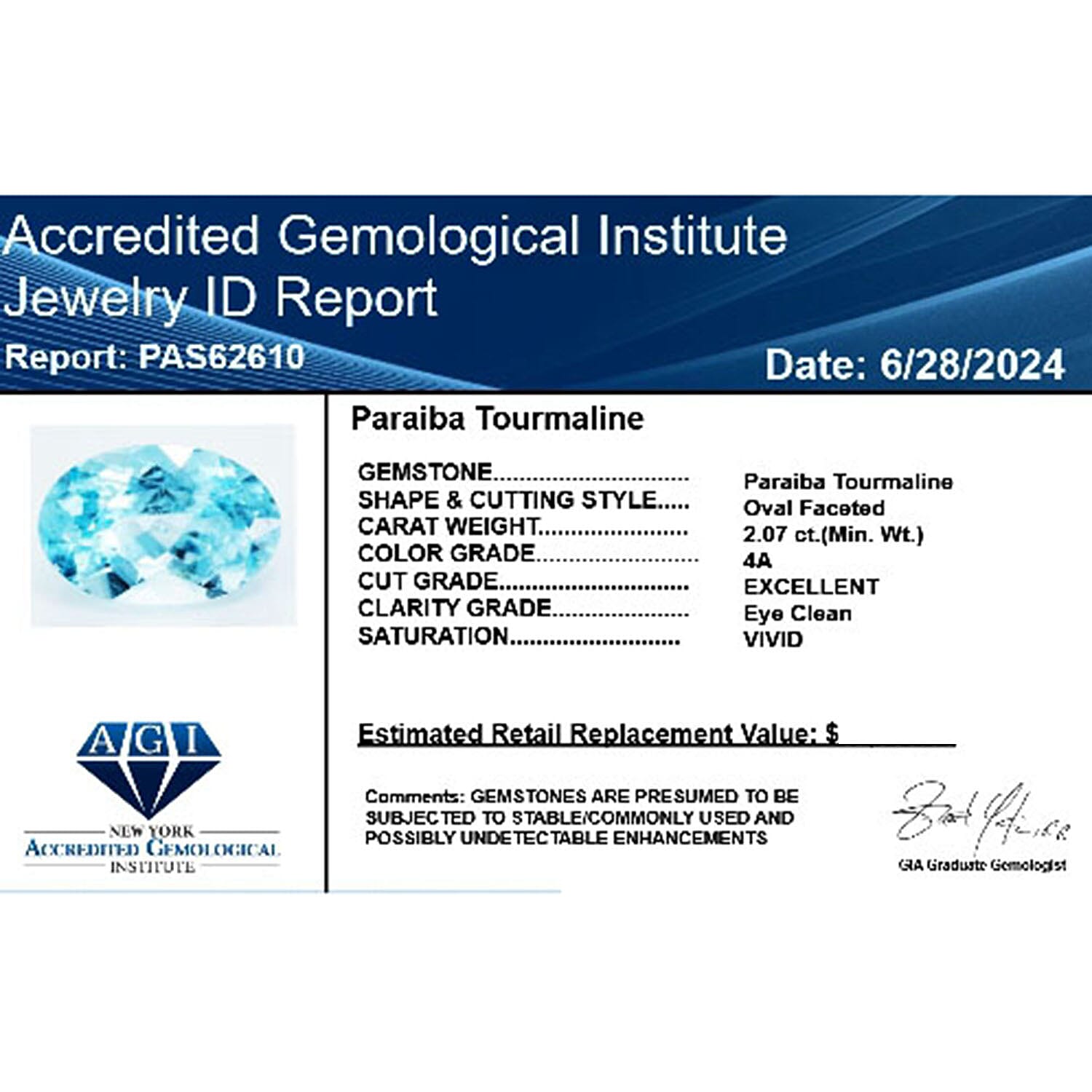 Certified and Appraised AAAA Paraiba Tourmaline Loose Gemstone (Ovl Shape) 2.07 ct.