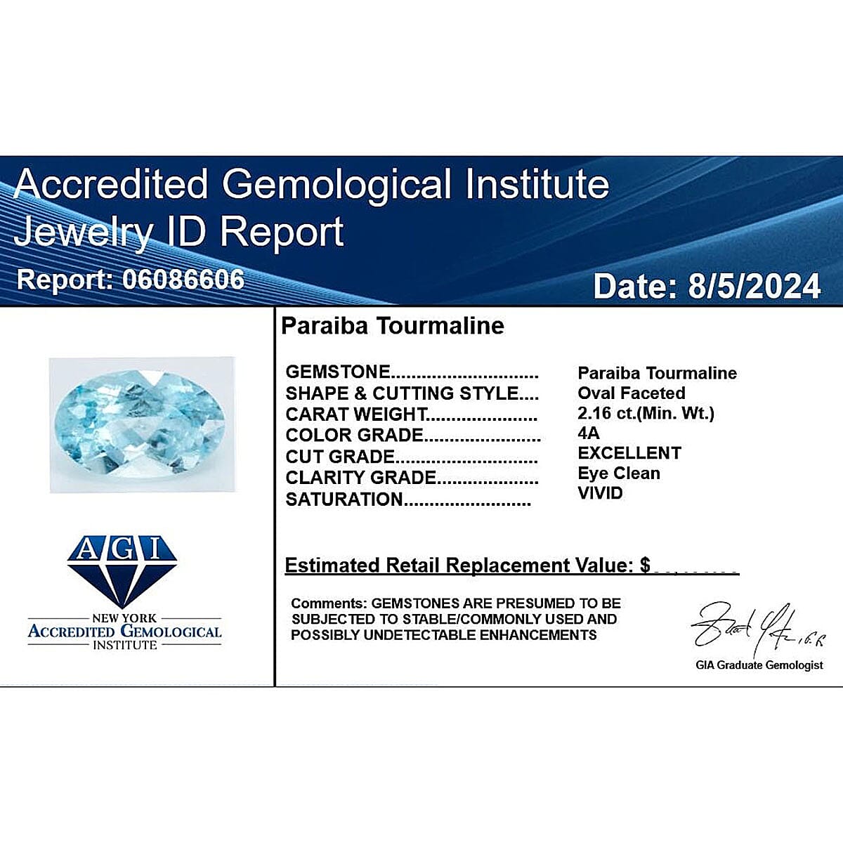 Certified and Appraised AAAA Paraiba Tourmaline Loose Gemstone (Ovl Shape) 2.16 ct.