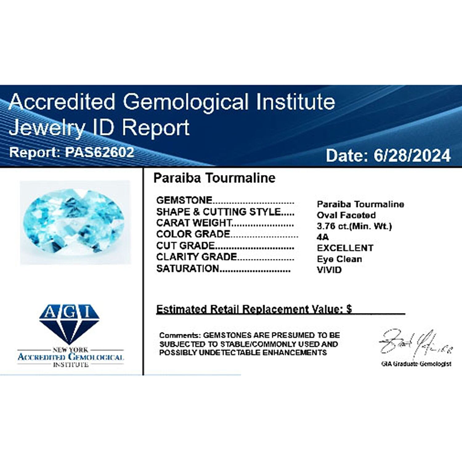 Certified and Appraised AAAA Paraiba Tourmaline Loose Gemstone (Ovl Shape) 3.76 ct.