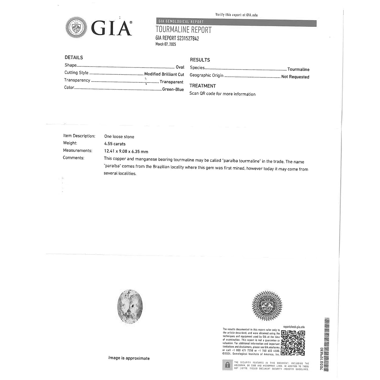 Certified and Appraised AAAA Paraiba Tourmaline Loose Gemstone (Ovl Shape) 4.56 ct.