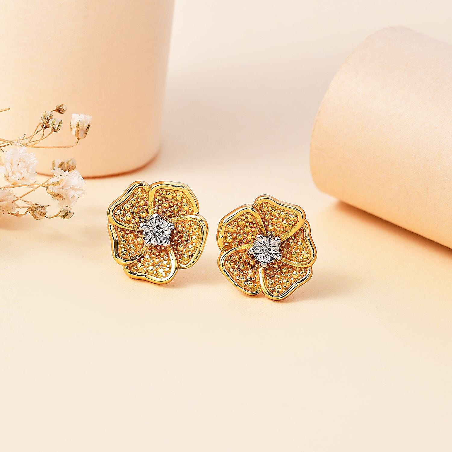 Designer Inspired- Diamond Stud Earrings With Push Back in Yellow Gold Plated