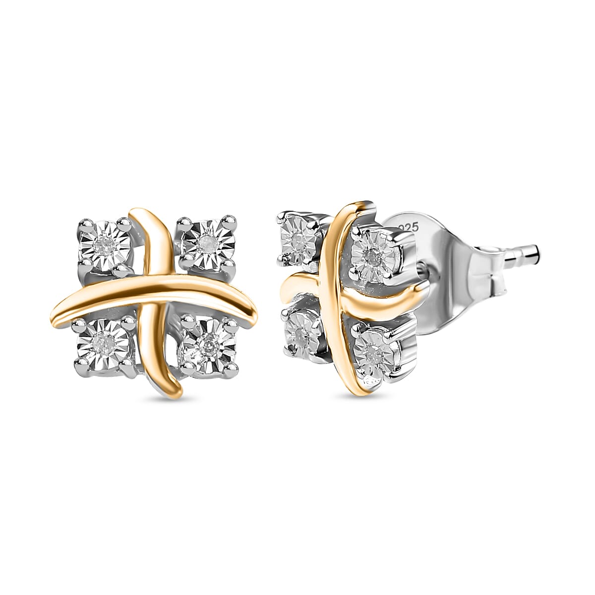 Designer Inspired One Time Closeout Diamond Earrings With Push Back in 14K Gold Plated Overlay Sterling Silver