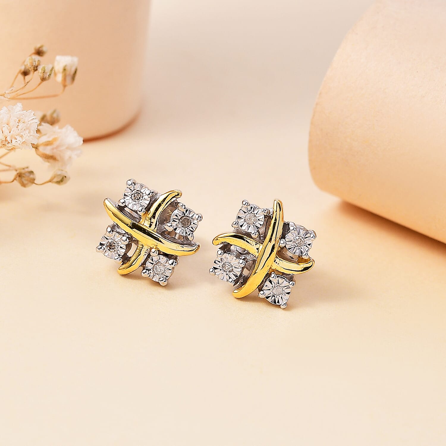 Designer Inspired One Time Closeout Diamond Earrings With Push Back in 14K Gold Plated Overlay Sterling Silver