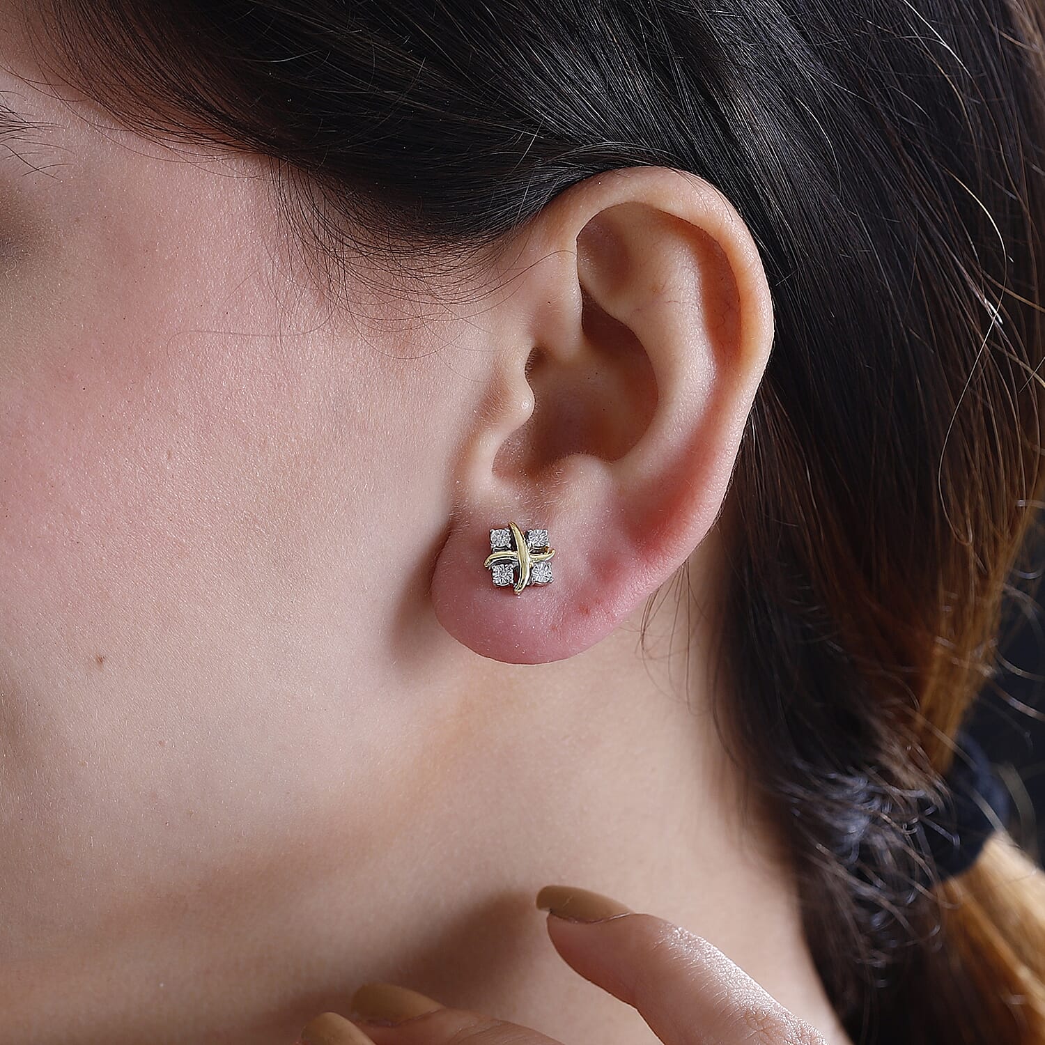 Designer Inspired One Time Closeout Diamond Earrings With Push Back in 14K Gold Plated Overlay Sterling Silver