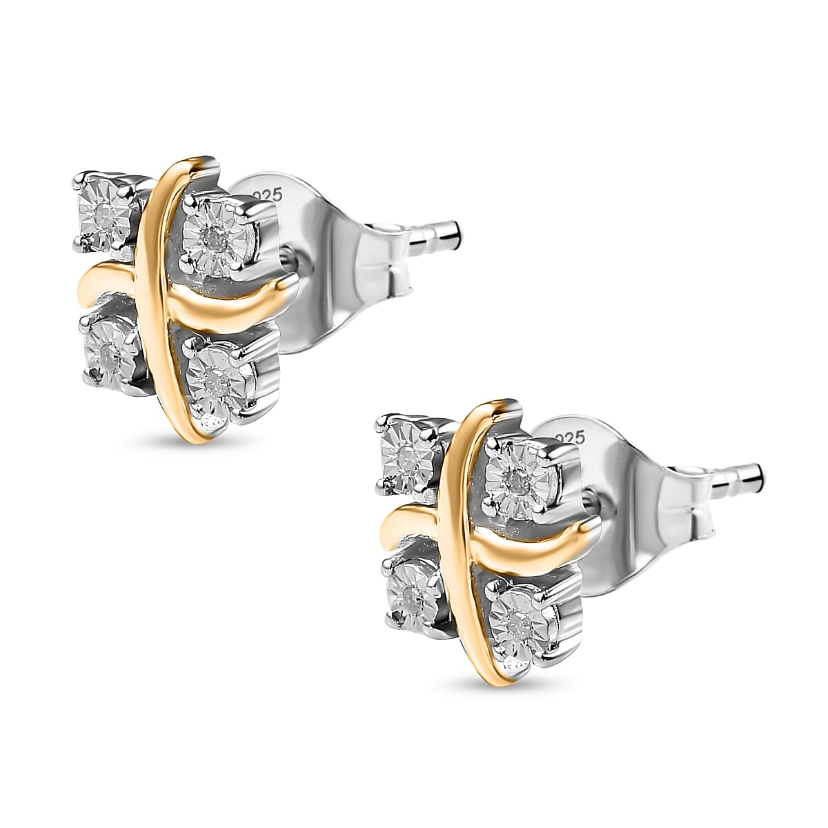 Designer Inspired One Time Closeout Diamond Earrings With Push Back in 14K Gold Plated Overlay Sterling Silver