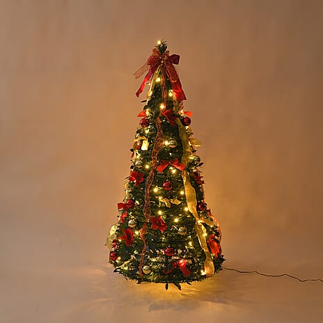 150cm (5ft) Dressed Pop-Up Tree - Pre-lit with 100 warm white LED lights, 6 baubles with patterns, 12 poinsettia flowers, 18 small bows, 30 decorative balls and 1 bow topper