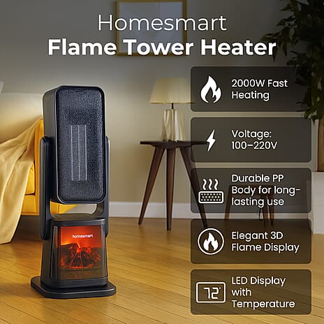 HomeSmart Horizontal & Vertical Oscillation Ceramic Tower Heater with Remote Control - With 3D Fireplace Scene, Child Lock Safety Function