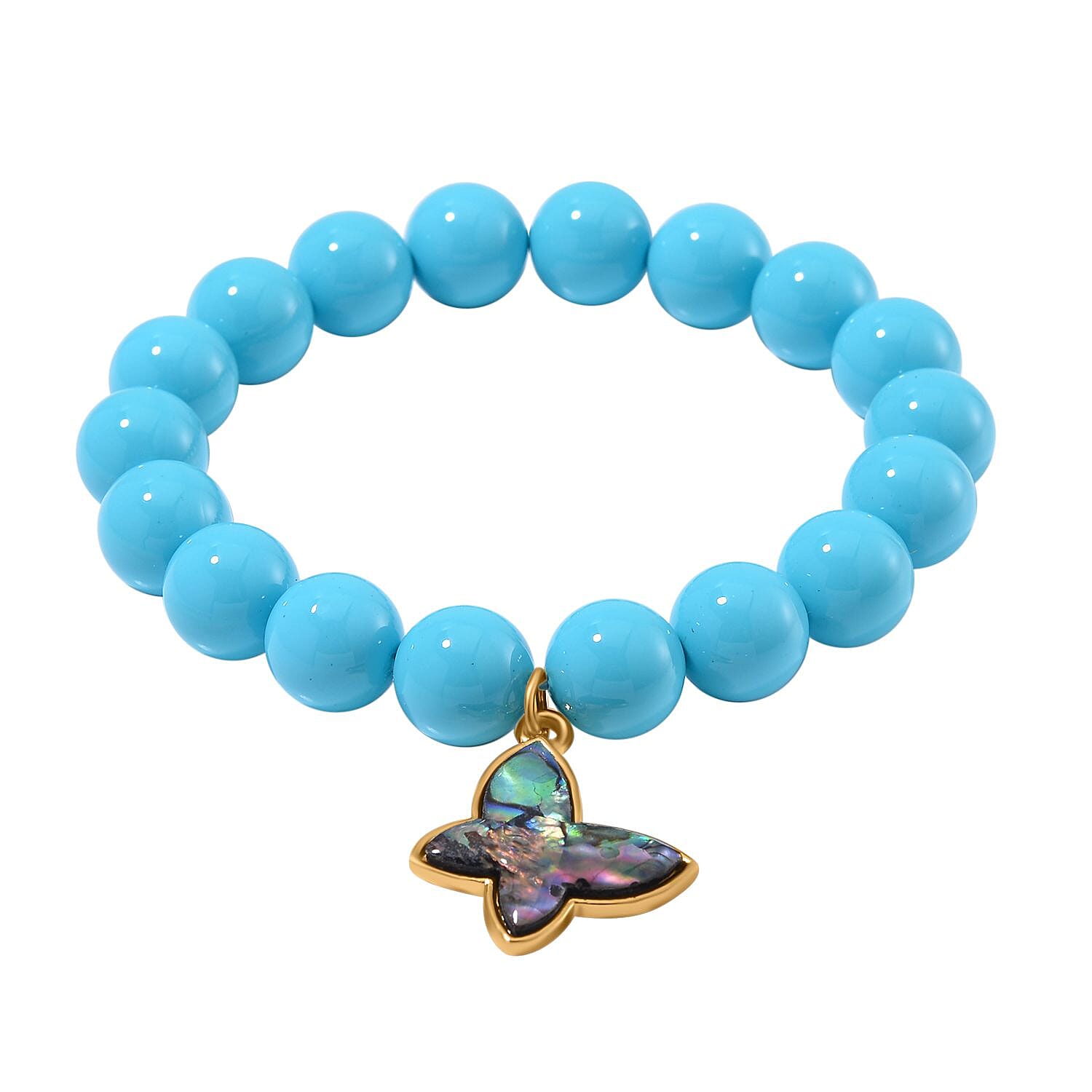 Sleeping Beauty Turquoise Colour Shell Pearl & Abalone Shell Butterfly Bracelet (Size 7 Stretchable)  198.00 Ct.