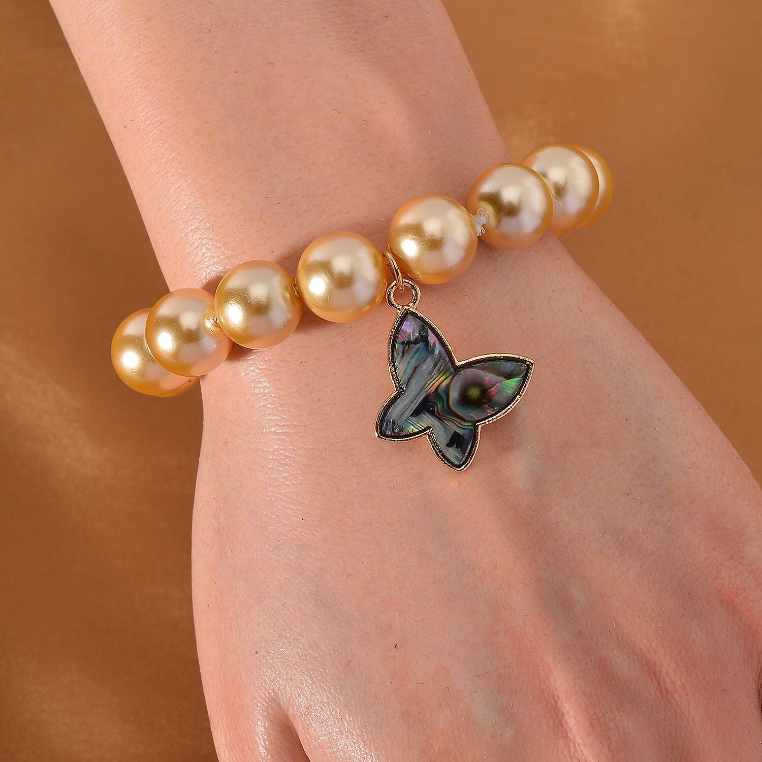 South Sea Golden Colour Shell Pearl & Abalone Shell Butterfly Bracelet (Size 7 Stretchable) 198.00 Ct.