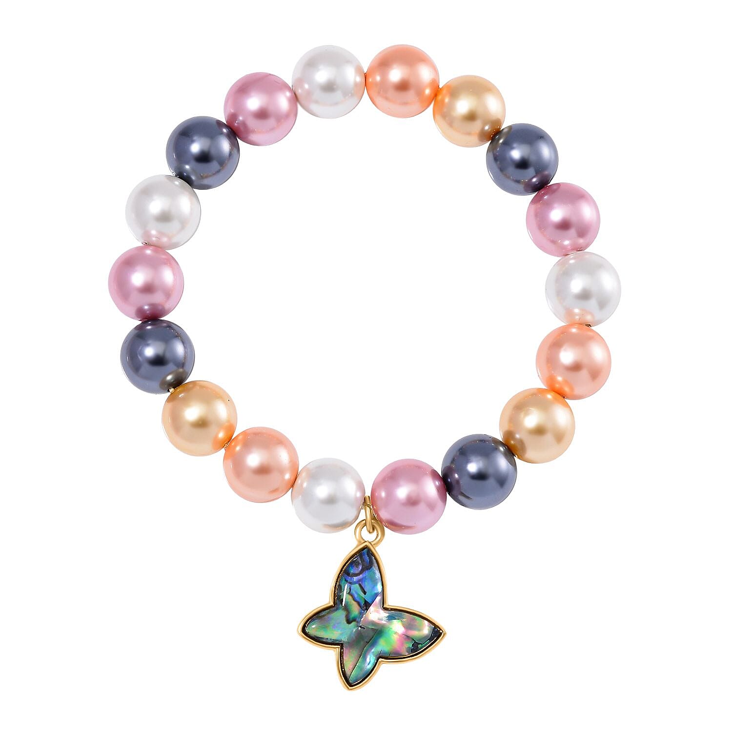 Pastel Multi Colour Shell Pearl Beads & Abalone Shell Butterfly Bracelet (Size 7 Stretchable) 198.00 Ct.