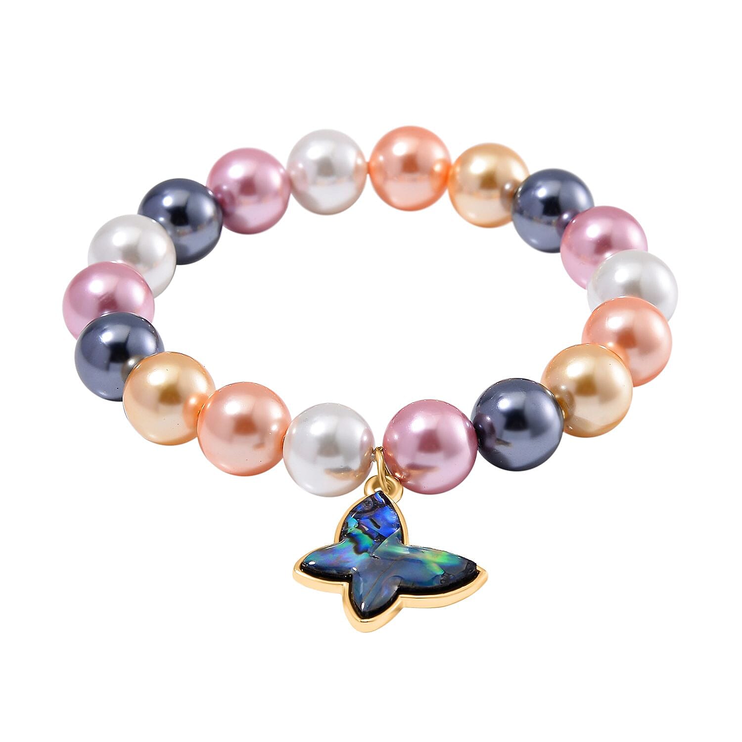 Pastel Multi Colour Shell Pearl Beads & Abalone Shell Butterfly Bracelet (Size 7 Stretchable) 198.00 Ct.