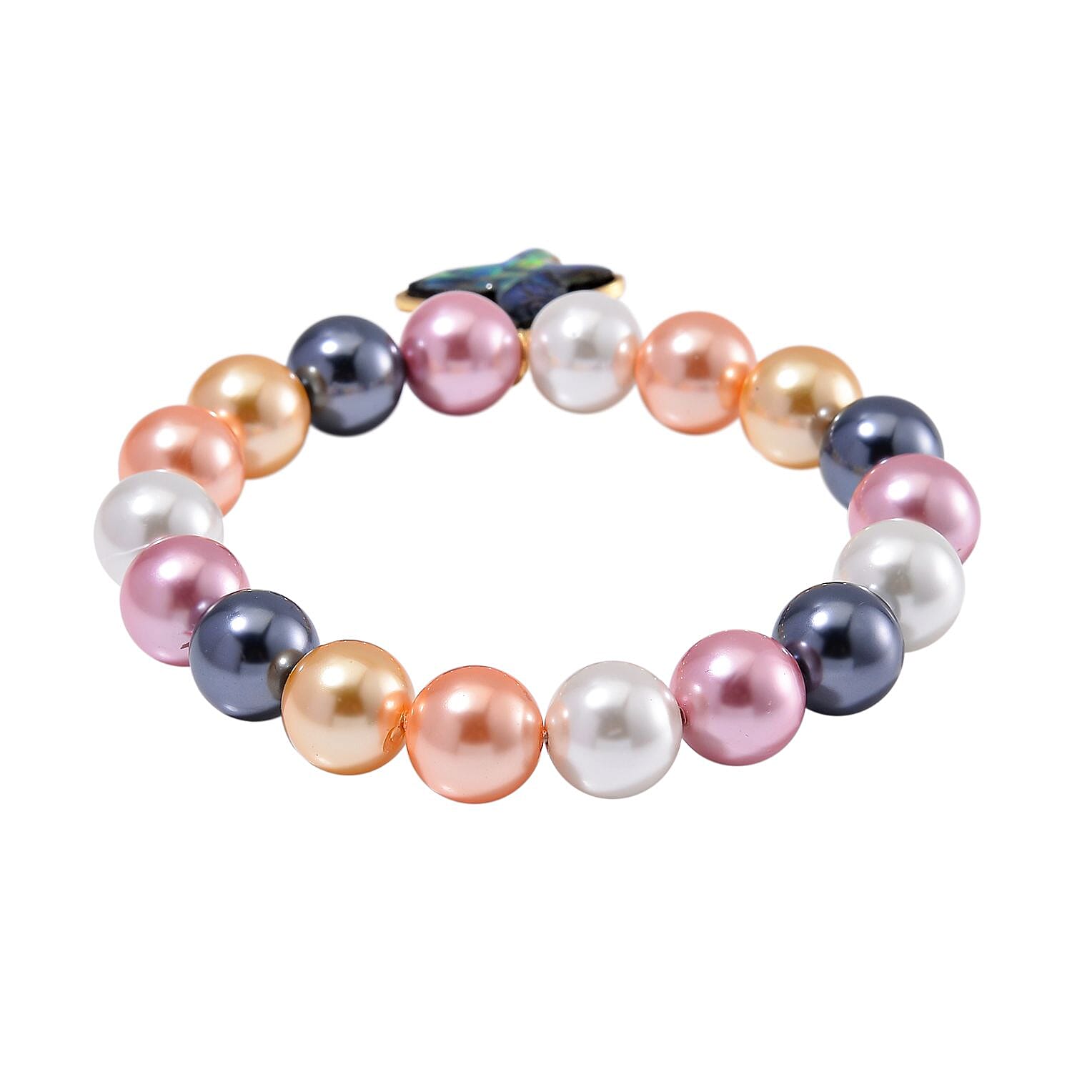 Pastel Multi Colour Shell Pearl Beads & Abalone Shell Butterfly Bracelet (Size 7 Stretchable) 198.00 Ct.