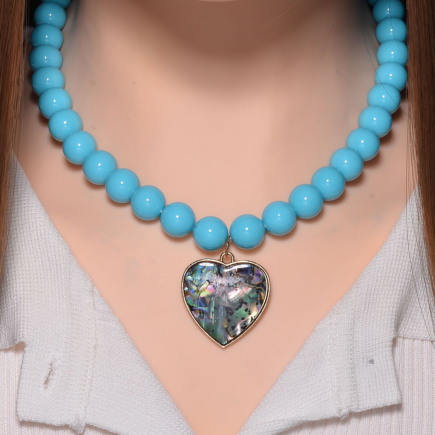 Sleeping Beauty Turquoise Colour Shell Pearl & Abalone Shell Heart Necklace (Size - 18 - 2 Ext) with Lobster Clasp 395.00 Ct.