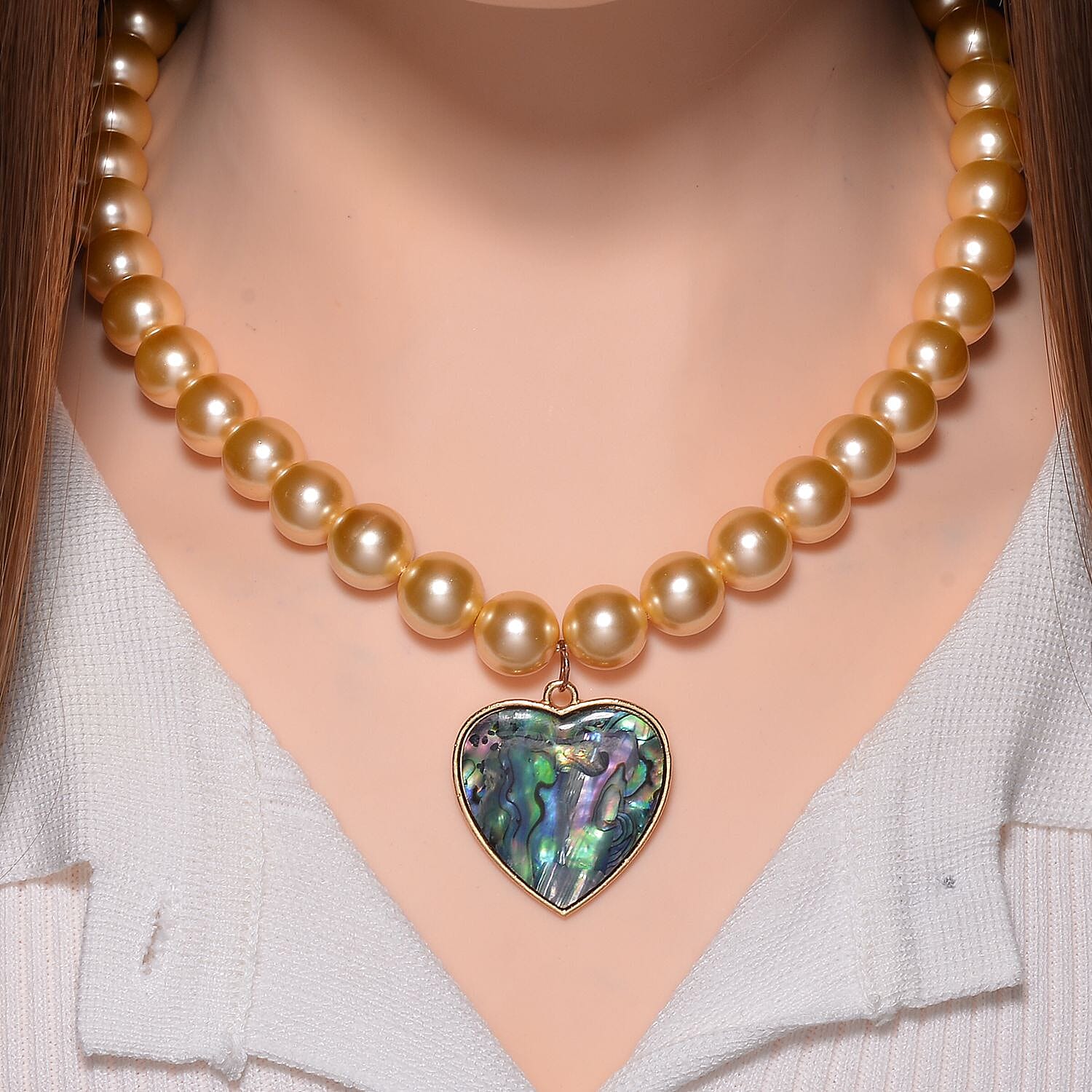 Golden South Sea Colour Shell Pearl & Abalone Shell Heart Necklace (Size - 18 - 2 Ext) with Lobster Clasp 395.00 Ct.