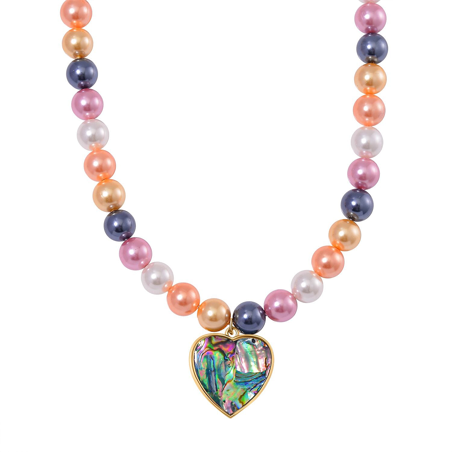 Pastel Multi Colour Shell Pearl & Abalone Shell Heart Necklace (Size - 18 - 2 Ext) with Lobster Clasp in Yellow Gold Colour Tone 395.00 Ct.