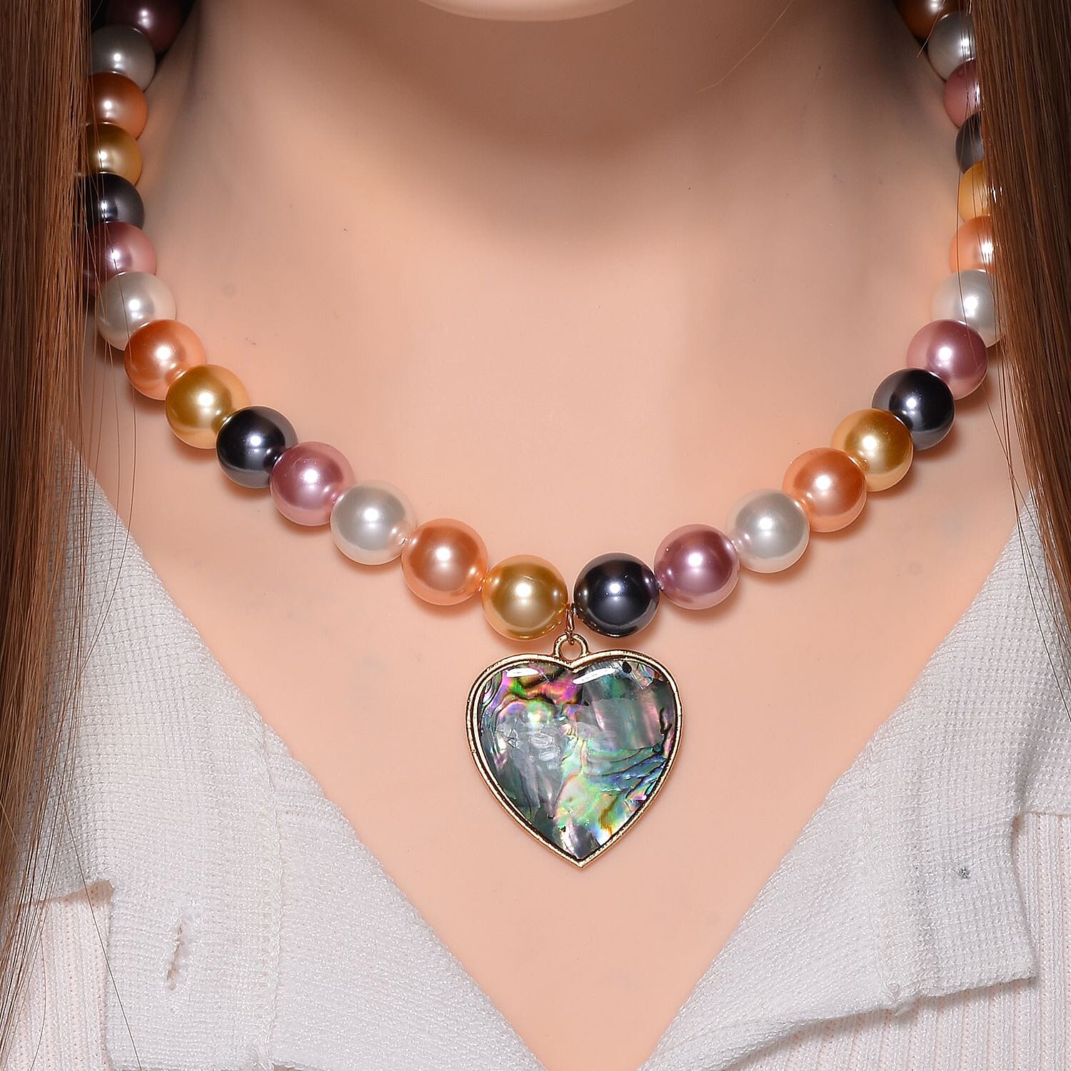 Pastel Multi Colour Shell Pearl & Abalone Shell Heart Necklace (Size - 18 - 2 Ext) with Lobster Clasp in Yellow Gold Colour Tone 395.00 Ct.