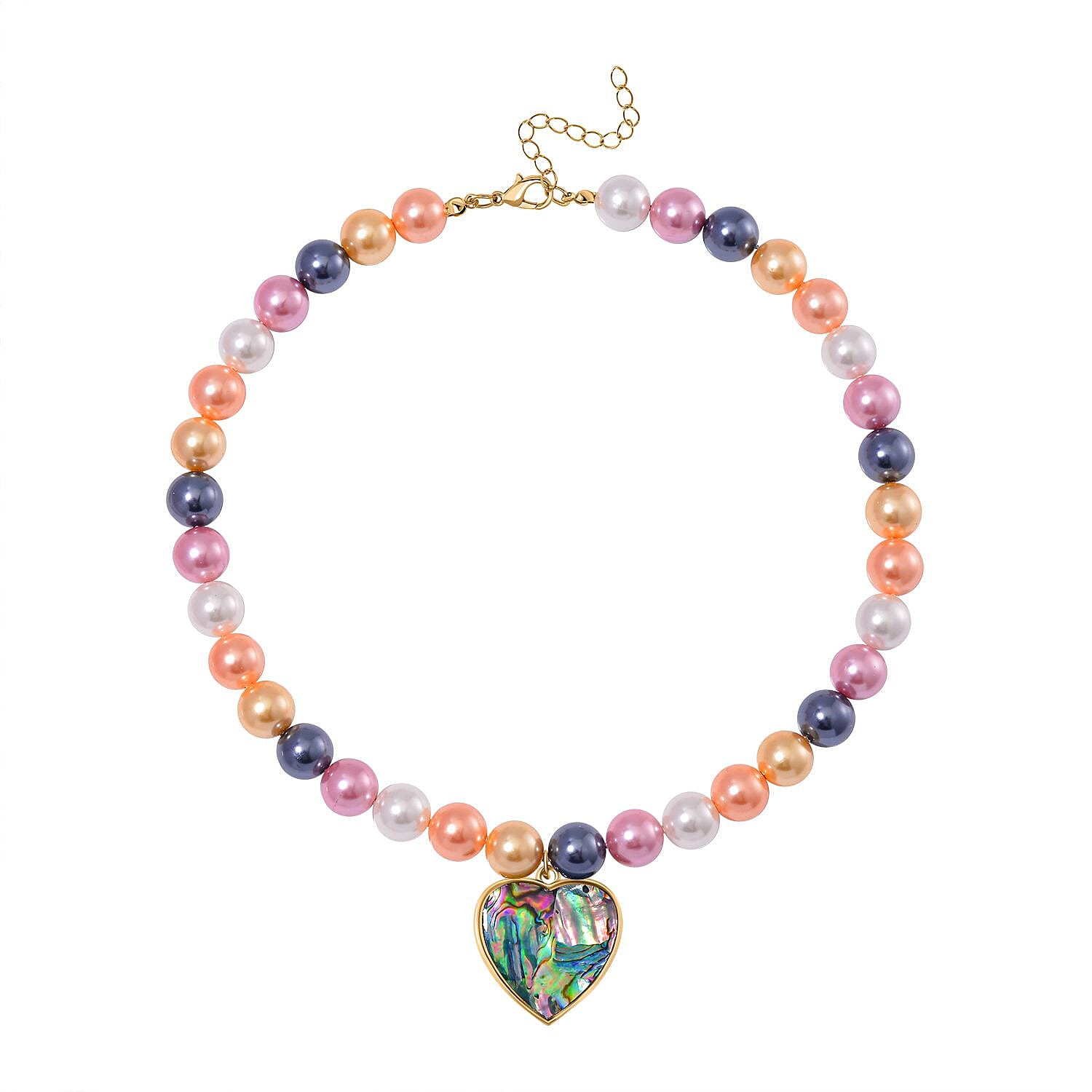 Pastel Multi Colour Shell Pearl & Abalone Shell Heart Necklace (Size - 18 - 2 Ext) with Lobster Clasp in Yellow Gold Colour Tone 395.00 Ct.