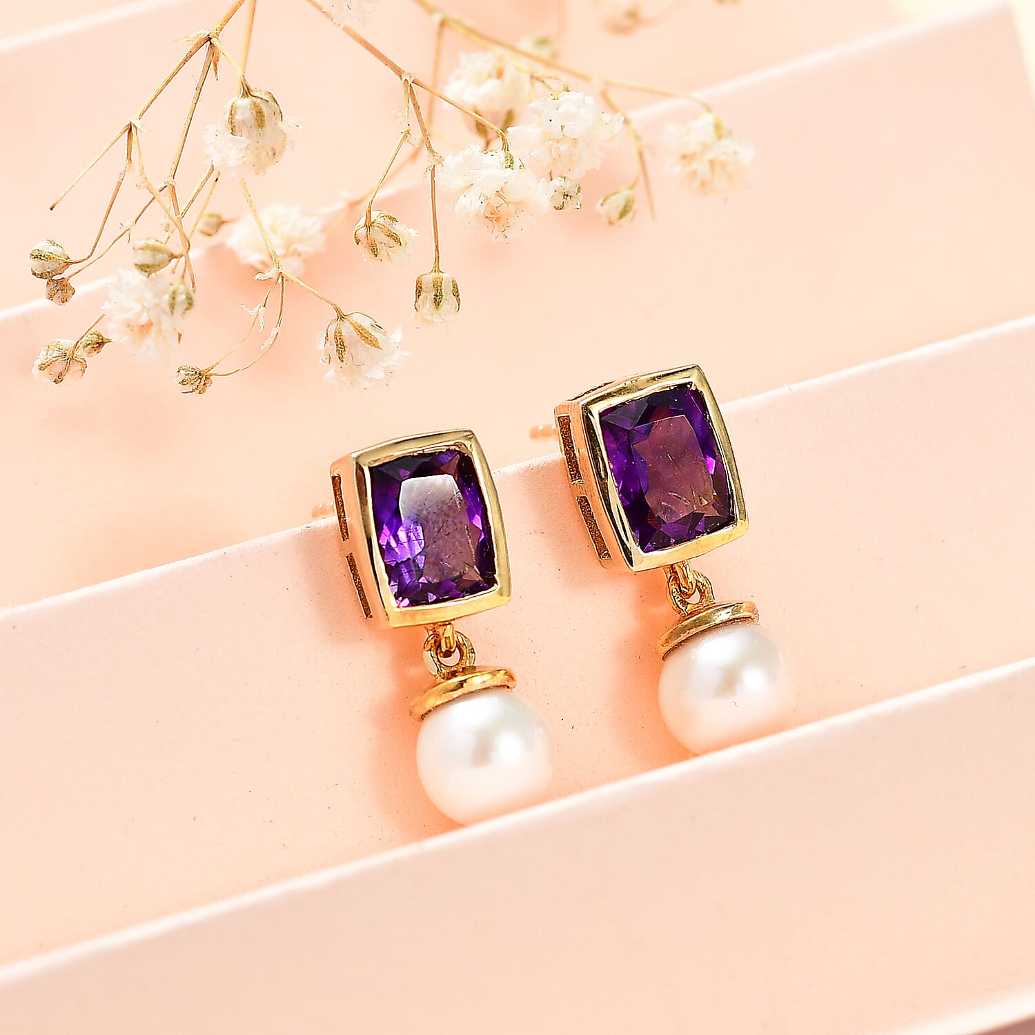 Moroccan Amethyst & Fresh Water Pearl Dangle Earrings with Push Back in 18K Vermeil Yellow Gold Plated Sterling Silver 7.72 Ct