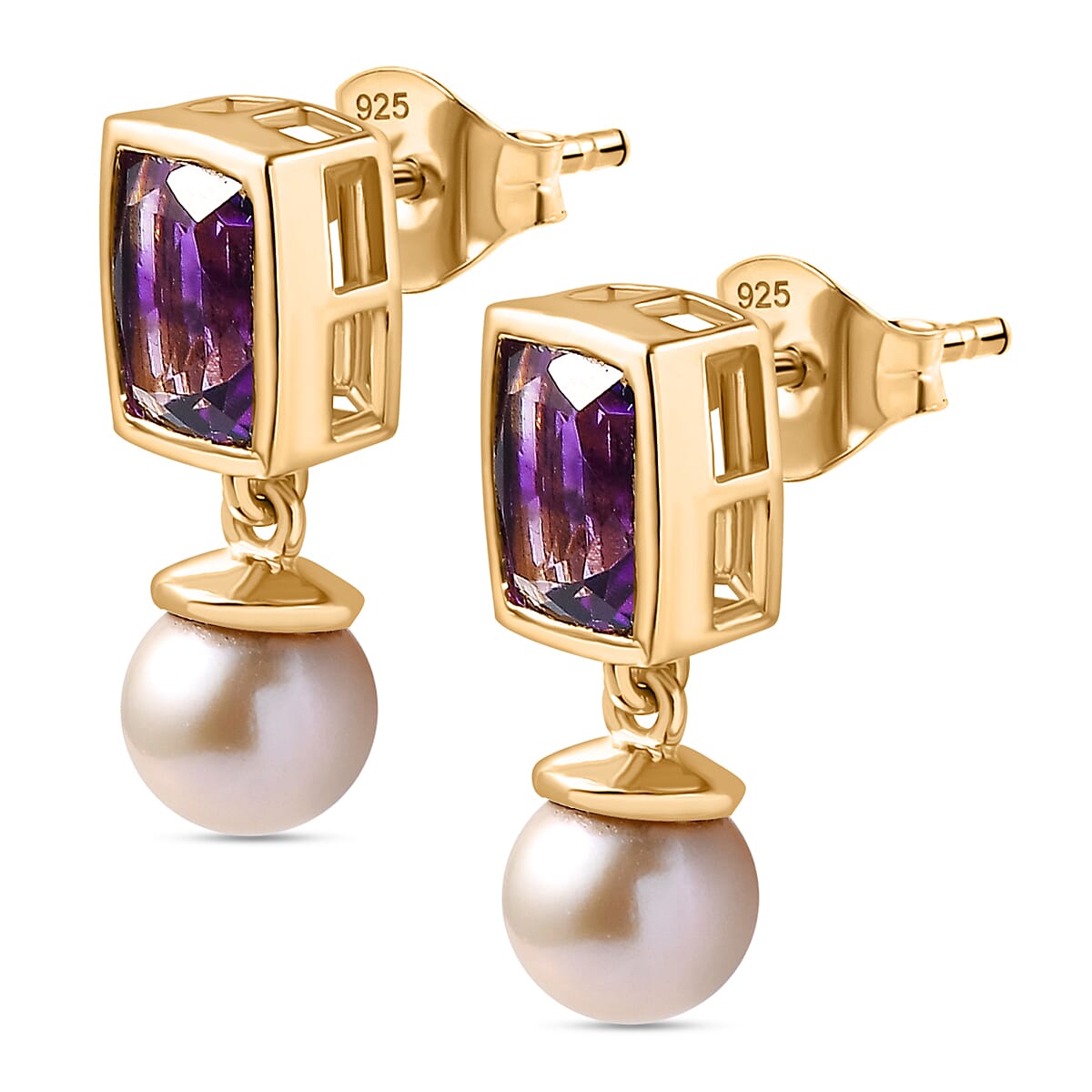 Moroccan Amethyst & Fresh Water Pearl Dangle Earrings with Push Back in 18K Vermeil Yellow Gold Plated Sterling Silver 7.72 Ct