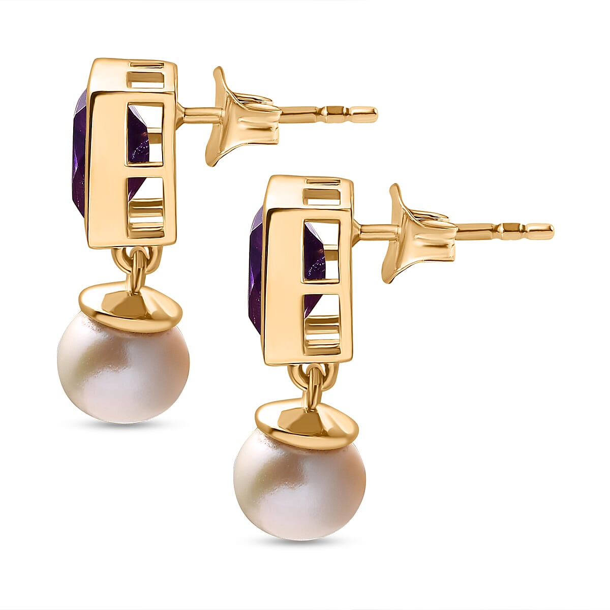 Moroccan Amethyst & Fresh Water Pearl Dangle Earrings with Push Back in 18K Vermeil Yellow Gold Plated Sterling Silver 7.72 Ct
