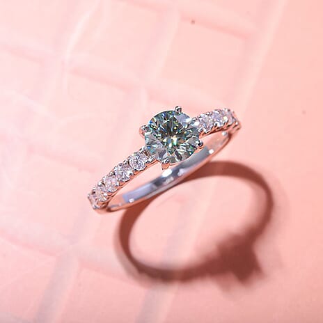 Rare Find - Paraiba Moissanite Solitaire Ring in Rhodium Overlay Sterling Silver 1.41 ct