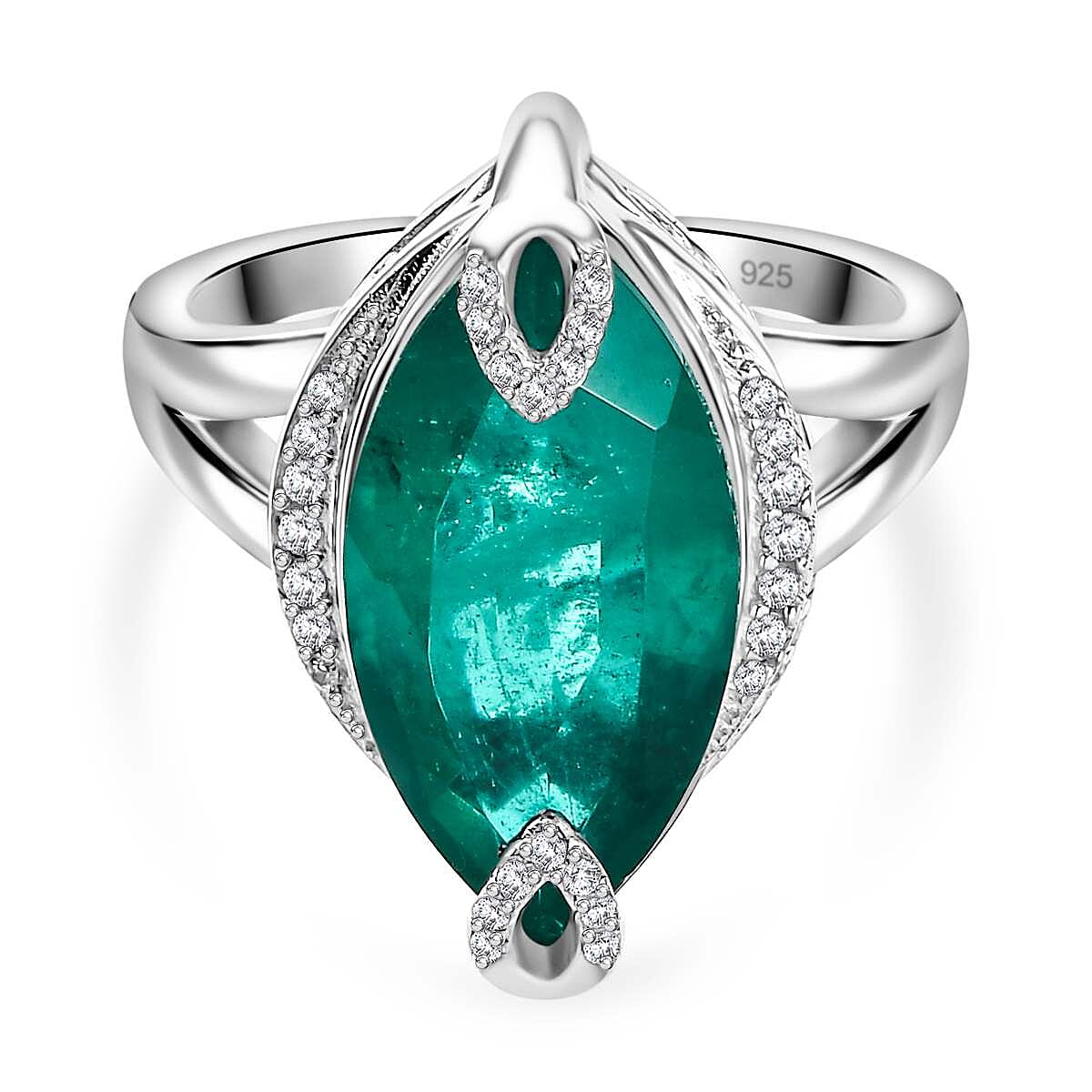 Emeraldine Quartz (Marquee) & Natural Zircon Ring in Rhodium Overlay Sterling Silver 6.70 Ct.